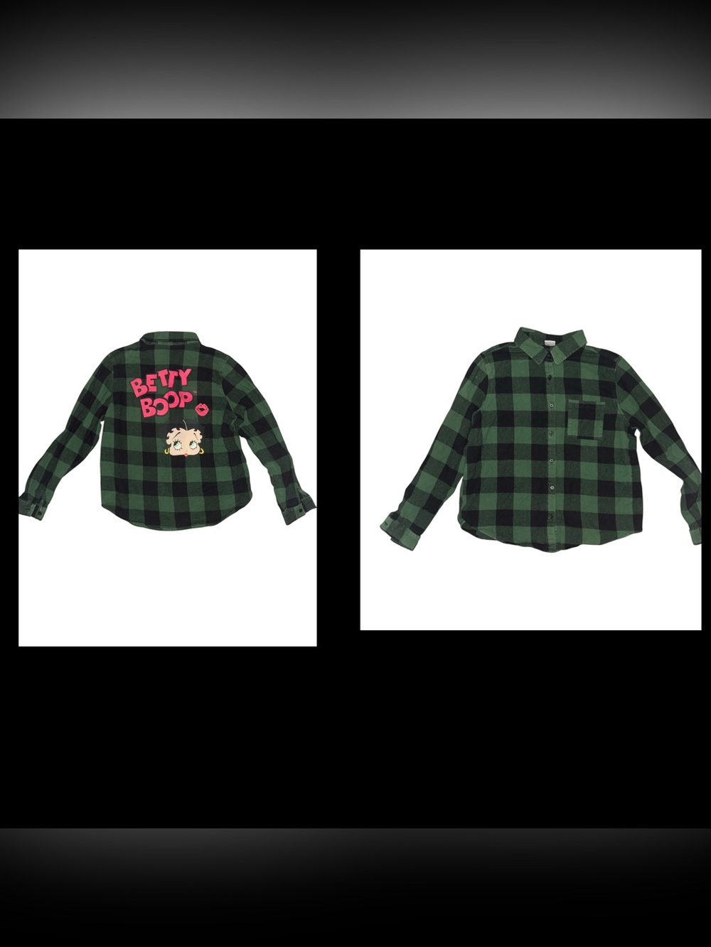 Betty Boop Green & Black Plaid Women’s Small Button-Down Shirt with Back Graphic